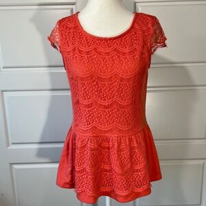 Soprano Lace Peplum Top Coral Orange Cap Sleeve Blouse‎ Women's Size Large